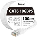 Cat 6 Ethernet Cable 100 ft, Outdoor&Indoor, 10Gbps Support Cat7 Network, Slim long Flat Internet LAN Patch Cord, Cat6 Solid High Speed weatherproof Cable for Router, Modem, PS4/5, Xbox, Gaming, White