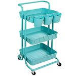 Freletry 3 Tier Rolling Utility Cart Multifunction Storage Organizer Shelf Rack with Lockable Wheels 3PCS Cups and 8PCS Hooks for Home Office Kitchen Bathroom Store (Blue)