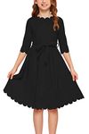 GORLYA Girl's 3/4 Sleeve Casual Scalloped Edge A-line Belted Dress with Pockets for 4-14T Kids (GOR1031, 11-12Y, Black)