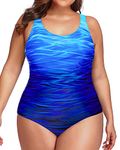 Daci Women Plus Size One Piece Swimsuit Athletic Tummy Control Ruched Bathing Suit with U-Back, Gradient Blue, 22 Plus