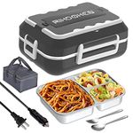 RIKDOKEN 60W Faster Heat Electric Lunch Box Heater for Car Truck Work Home, 12V 24V 110V Portable Food Warmer with 1.5L Stainless Steel Container, Leak-Proof Lunch Heater with Bag, Spoon, Fork