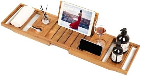 Boflay Expandable Teak Bathtub Tray - Luxury Wooden Bath Caddy & Tub Shelf, Over-The-Tub Bath Table with Book & Wine Glass Holder, Waterproof Bathroom Organizer for Spa Experience
