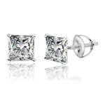 HIGHSPARK 925 Silver Solitaire Screwback Stud Earrings | 92.5 Sterling Silver & Square Princess Cut Brilliant Zirconia Tops for Men & Women - 6mm