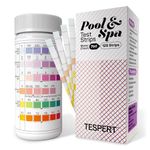 TESPERT Pool and Spa Test Strips Hot Tub Test Strips 7-in-1 125 Strips Pack, Chemistry Test Kit for Test Bromine, Total Alkalinity, pH, Free Chlorine, Total Hardness, Cyanuric Acid, and Total Chlorine