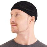 CHARM Knit Cotton Skull Cap Kufi - Mens Islam Prayer Hat Crochet Mesh Skully Beanie Black