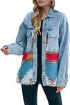 Lumister Aztec Denim Jacket Distressed Lapel Long Sleeve Vintage Button Down Denim Jacket Shacket(0007-Blue-S)