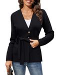 GRACE KARIN Women's Business Cropped Blazer Cardigan Long Sleeve Open Front Knit Sweater Jacket Shrug for Fall with Belt Black L