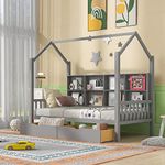 Twin Size Platform Bed with Drawers, Wooden Twin Size House Bed, Kids Bed with Storage Shelf, No Box Springs Needed, Gray