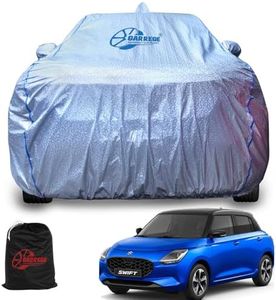 GARREGE® Waterproof New Swift Car Body Cover Metallic Silver Triple Coated Inner Soft Lining Cotton with Mirror Antena Pocket Blue Strap Style (Box Printed Silver)