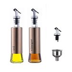 MHTECH Olive Oil and Vinegar Dispenser Bottle Set, Stainless Steel Transparent Glass Oil Bottle with Funnel，Set of 2 (Rose gold-300ml)