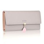 FT FUNTOR 𝐅𝐓 𝐅𝐔𝐍𝐓𝐎𝐑 PU Leather Wallet for Women RFID Blocking Ladies Leaf Pendant Coin Zipper Long 𝐏𝐮𝐫𝐬𝐞 with Multiple Card Slots and Card Holders Phone Pocket (Grey)