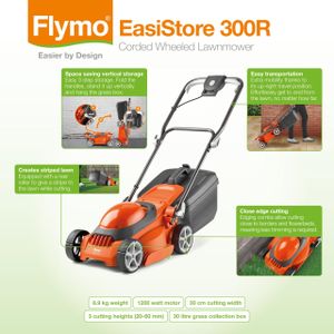 Flymo EasiStore 300R Electric Rotary Lawn Mower – 30cm, 30L, Rear Roller