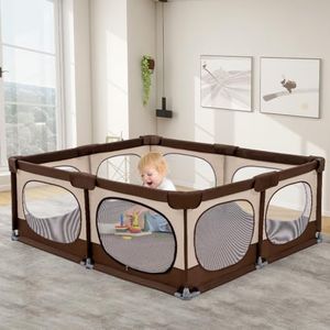 Playpals Baby Playpen, 180x200CM Play Pen for Babies & Toddlers, Large Baby Play Yards with Soft Breathable Mesh, Baby Activity Play Fence Indoor Outdoor, Durable Zippered Door, Brown