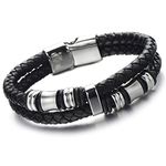 COOLSTEELANDBEYOND Mens Black Braided Leather Bracelet Double-Row Bangle Wristband with Stainless Steel Ornaments