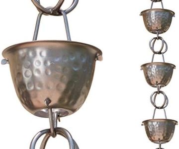 Monarch Rain Chains 50584 Aluminum Hammered Cup Rain Chain, 8-1/2 Feet Length Replacement Downspout for Gutters, 8.5', Pewter