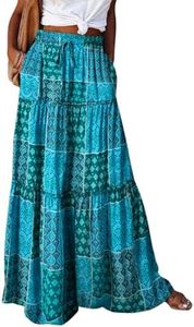 Happy Sailed Womens Retro Boho Printed High Waist Elastic Waist A Line Flowy Long Maxi Beach Skirts with Pockets Green Medium