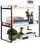 BELLE VOUS Wooden Desktop Organiser Shelf - Stackable 2-Tier Storage Rack for Home Table, Kitchen or Desk - Freestanding Display Shelf for Books, Decor or Office Supplies - Brown and Black