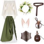 Renaissance Costume for Women Medieval Dress with Pouch Corset Belt Elf Ears Floral Bottle Hoop Crown for Halloween(XXL)