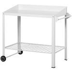 Outsunny IE Located Metal Potting Bench Table, Garden Planting Workstation Push Cart with Wheels and Side Hanger, White