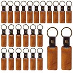 25pcs Leather Wood Keychain Blank, Wooden Keychain Blanks with Leather Strip Engraving Blanks Wood Blanks Unfinished Wooden Key Ring Key Tag Crafts Supplies