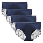 LIQQY Women's 4 Pack Cotton Briefs Mid Rise Panty Pretty Lace Back Full Coverage Underwear (Navy, Large)