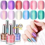 Saviland 12 Color Nail Polish Set Quick-Dry Glossy Shimmer Nail Varnish Set Holographic Duochrome Aurora Nail Polish with Base and Top Polish Coat Long Lasting Fingernail Polish Kit for Women Gifts