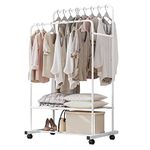 unho Rolling Clothes Garment Rack Double Rail on Wheels Clothing Hanging Rack Coat Rack with Shelf for Store Bedroom Dressing Room White