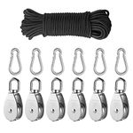 Pulley System Kit Multifunction, M15 360°swivel Hook Single Hanging Wire Towing Wheel 304 Stainless Steel, 30 Meter Nylon Pulley Line Rope & Carabiner Snap Hook Clips, Safe Loading 54 Kg (6PCS)