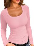 VICHYIE Womens Long Sleeved Shirt Ribbed Knit Square Neck Slim Fitted Casual Fall Tops Basic Tunic Pink S