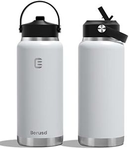 Berusd 1L Insulated Water Bottle, Leak Proof Straw Lid, Stainless Steel Vacuum Insulated Water Bottle, Wide Mouth Bottle with Flex Cap, Double Walled Travel Cup Thermo Bottle Mug Drink Flasks, White