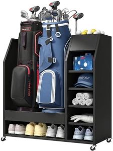 Golf Bag Storage Organizer with Extra Golf Clubs Holder for Garage | 2 Golf Bag Storage Rack with Wheels for Golfing Equipment Accessories Easy Assemble Golf Club Stand/Holder