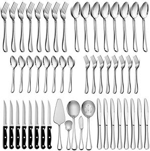LIANYU 53-Piece Silverware Set Service for 8 with Steak Knives and Serving Utensils, Forks and Spoons Silverware Set, Stainless Steel Flatware Cutlery Set, Eating Utensil Set for Home, Dishwasher Safe