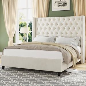 Jocisland Queen Upholstered Bed Frame with Tall Headboard Wingback Platform Bed Tufted Deep Button Velvet/No Box Spring Needed/Easy Assembly/Cream