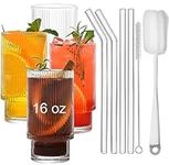 ALINK 16 oz Large Ribbed Glassware Drinking Water Glasses with Straws Set of 4, Vintage Glassware Iced Coffee Cups, Origami Style Ridged Glass Tumbler for Coocktail, Whiskey, Beer- 2 Brush, Clear