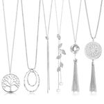 Roheafer 6Pcs Long Necklaces for Women Tassel Pendant Necklace Circle Knot Bar Feather Leaf Sweater Necklace Statement Necklace for Women