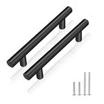 PinLin 10 Pack Kitchen Door Handles 96mm Hole Centre Flat Black Cabinet Handles Stainless Steel Cupboard T Bar Handle (Screws Included)