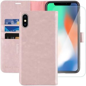 MONASAY Wallet Case Compatible for iPhone X/iPhone Xs, 5.8-inch, [Glass Screen Protector Included] [RFID Blocking] Flip Folio Leather Cell Phone Cover with Credit Card Holder,Pinksand