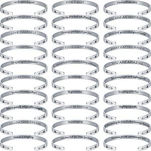 MTLEE 30 Pieces Inspirational Bracelets for Women Cuff Bracelets for Women Silver Personalized Cuff Bangles Adjustable Bracelet for Women 30 Different Hidden Message Motivational Bracelets
