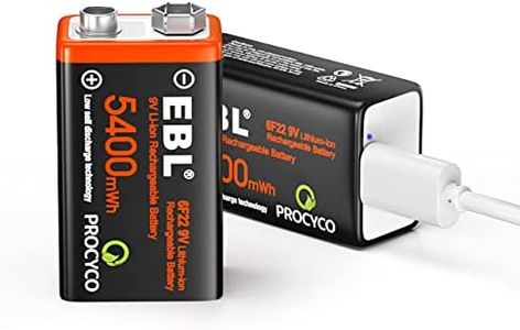 EBL 2 Pack Rechargeable 9V Lithium Batteries, 5400mWh with 2 in 1 Micro USB Cable, 9 Volt Li-ion Batteries Long-Lasting