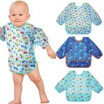 Lictin 3 Pack Baby Bibs for Boy, Mess Proof Baby Bib, Cute Long Sleeve Bib Outfit, Waterproof Bibs for Toddlers, Adjustable Closure Baby Smock, 6-24 Months Reusable Infant Baby Bibs