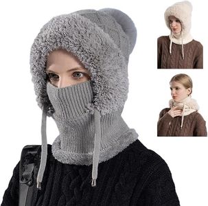 2026 Upgrade 3 in 1 Beanie Hat for Women, Windproof Knitted 3 in 1Beanie Hat with Scarf and Mask for Women Fall Winter (Grey)