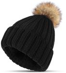 KEECOW Winter Hats for Women, Thermal Knitted Beanie Hats Warm Double Layer Fleece Line with Pom Pom for Ladies Ski Outdoor Sports (Black)