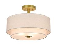 XiNBEi Lighting 3 Light Semi Flush Mount Light, Close to Ceiling Light Fixture with Fabric Shade Retro Gold Brass 16 inch Semi Flush Drum Light for Bedroom & Living Room XB-SF1289-GB