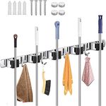 Zollyss Broom Mop Holder Wall Mount Stainless Steel Wall Mounted Storage Organizer Heavy Duty Tools Hanger with 5 Racks 4 Hooks for Kitchen Bathroom Closet Garage Office Garden Hanging Shelves