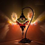 Turkish Mosaic Tiffany Table Lamp,Stunning Moroccan Style, Unique Globe Lampshade, Swan Neck Series (Rainbow Star)