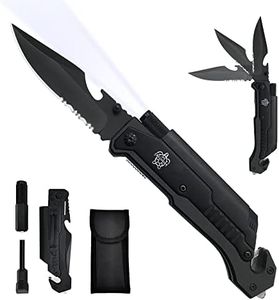 CHELONIAN 8.5" Military Outdoor Hunting Camping Pocket Knife, 7 in 1 Multi-Function Folding Knives with Fire Starter LED Light Seatbelt Cutter Glass Breaker Bottle Opener Tactical Blade (Black)