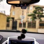 SUNCARACCL Bling Car Accessories for Women ＆ Men Bling White Love Heart and Black Plush Ball Bling Rinestones Diamond Car Accessories Crystal Car Rear View Mirror Charms,Lucky Hanging Accessories