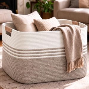 DOFASAYI Laundry Hamper - 72L Large Laundry Basket with Leather Handles, Decorative Storage Basket for Blankets - Clothes Hamper for Living Room, Bedroom, White & Light Brown