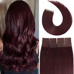 Tape in Brazilian Human Hair Extensions 100% Remy Human Hair Glue in Extensions Balayage Seamless Silky Straight Skin Weft Hair(20Inch #99j Red Plum 20pcs 50g)