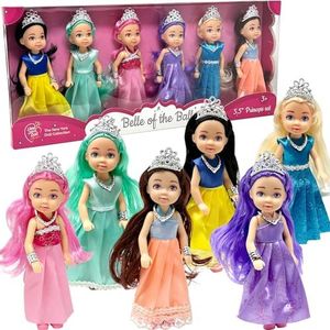 Little Dolls Set with Mini Princess Dolls for Girls – Princess Toy Dolls for Dollhouse – Small Doll Mini Princess Figures with Tiaras, Hair, Accessories – Tiny 5.5” Miniature Mini Dolls Set of 6